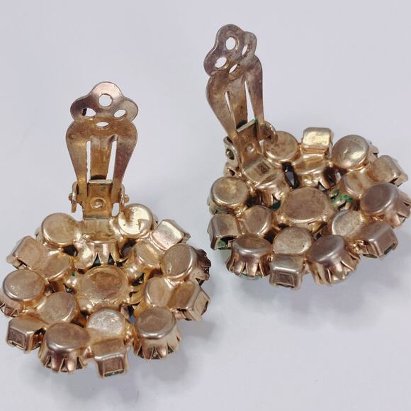 VTG Mid Century Earrings AB Rhinestone Cluster Clip On Gold Tone 1950s 60s - Picture 8 of 16